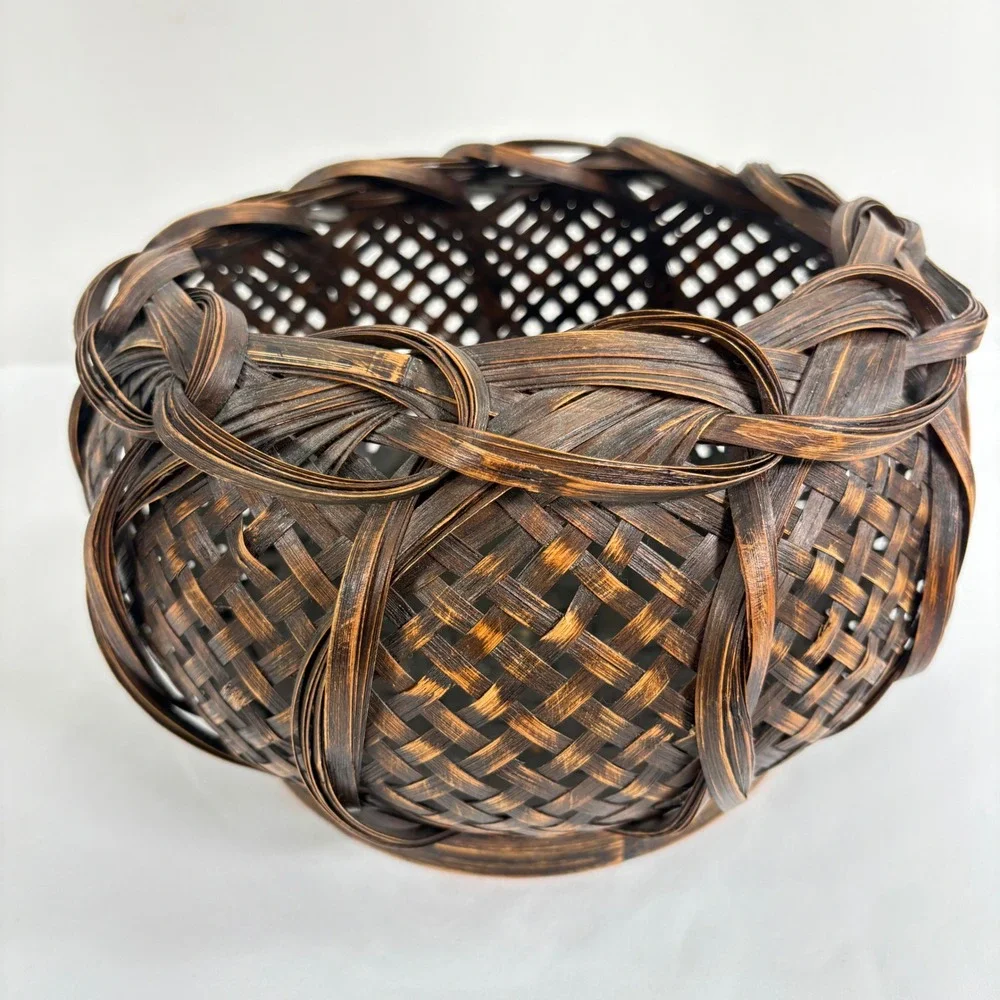 Vintage 80s Woven Bamboo Basket Brown Copper Braided Rim Decorative Bowl